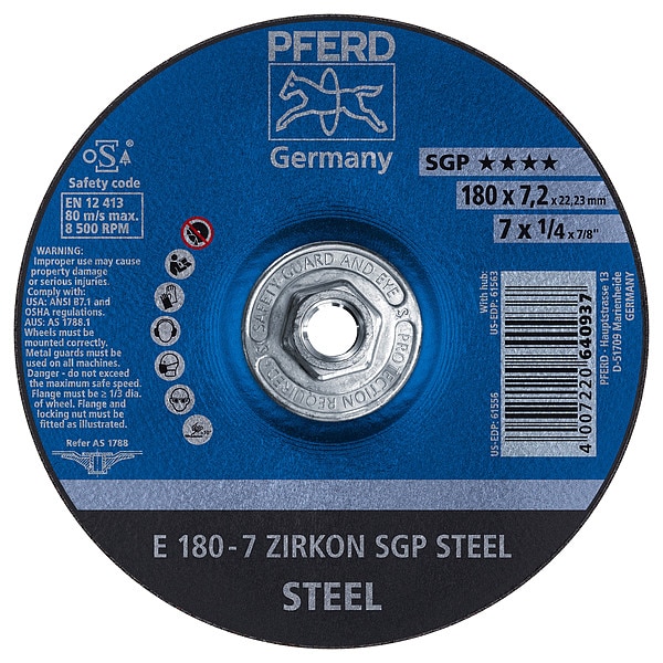 Rueda de esmerilado Pferd de 7" x 1/4", rosca de 5/8-11 - ZIRKON SGP STEEL - Tipo 27 - 61563