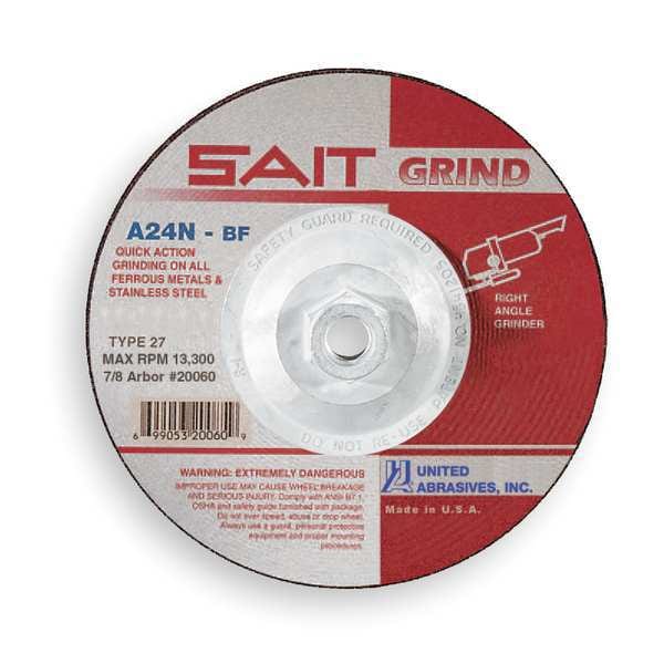 Rueda de rectificación con centro deprimido United Abrasives/Sait, 27, 7" de diámetro, 1/4" de grosor, tamaño de orificio en el mandril de 5/8"-11, óxido de aluminio - 20085.