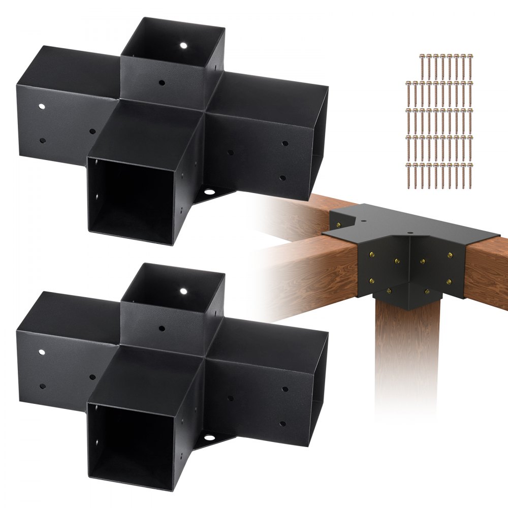 VEVOR Pergola Bracket Kit 4''x4'', 2pcs 4-Way Heavy Duty Corner Bracket Woodworks DIY Post Base Kit, Easy Installation Wooden Beams for Gazebos, Patio Pergolas, Log Cabin Outdoor Pergola Hardware - LPJJST2PCS4XSCD6IV0