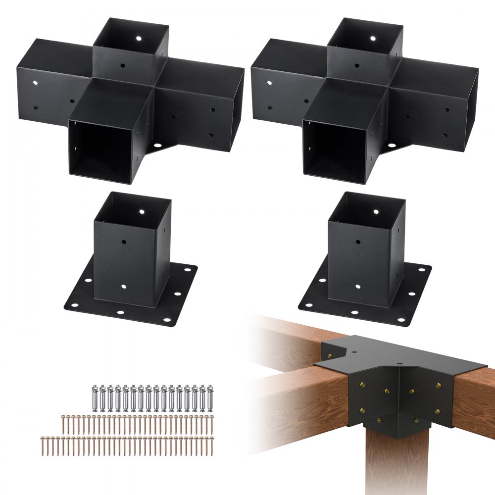 VEVOR Pergola Bracket Kit 4''x4'', 4pcs 4-Way Heavy Duty Corner Bracket Woodworks DIY Post Base Kit, Easy Installation Wooden Beams for Gazebos, Patio Pergolas, Log Cabin Outdoor Pergola Hardware - LPJJTZST4PCSWTCWAV0