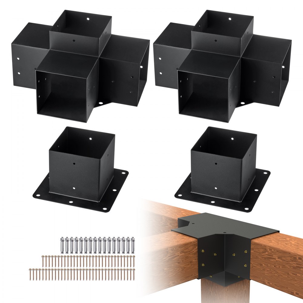 VEVOR Pergola Bracket Kit 6''x6'', 4pcs 4-Way Heavy Duty Corner Bracket Woodworks DIY Post Base Kit, Easy Installation Wooden Beams for Gazebos, Patio Pergolas, Log Cabin Outdoor Pergola Hardware - LPJJTZST4PCS2K9OOV0