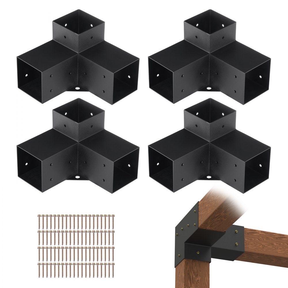 VEVOR Pergola Bracket Kit 4''x4'', 4pcs 3-Way Heavy Duty Corner Bracket Woodworks DIY Post Base Kit, Easy Installation Wooden Beams for Gazebos, Patio Pergolas, Log Cabin Outdoor Pergola Hardware - LPJJST4PCS4X7SP6AV0