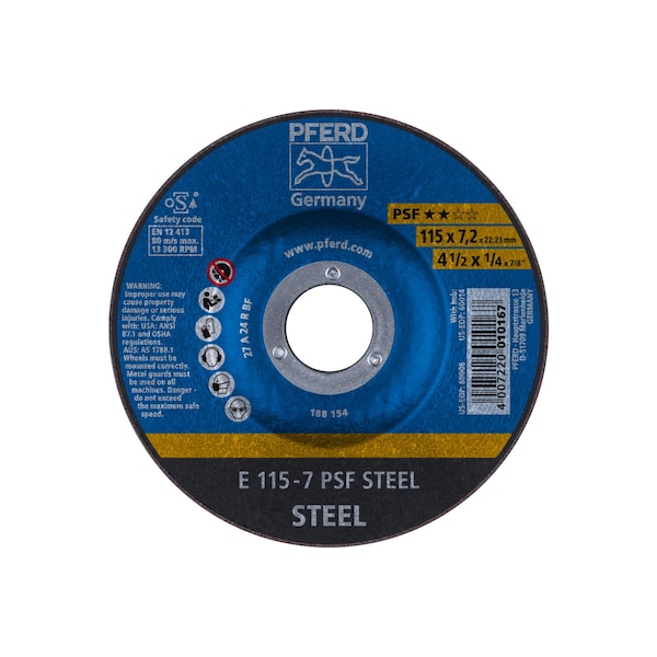 Rueda de esmerilado Pferd de 4-1/2" x 1/4, 7/8" A.H. - Acero PSF - Tipo 27 - 60006