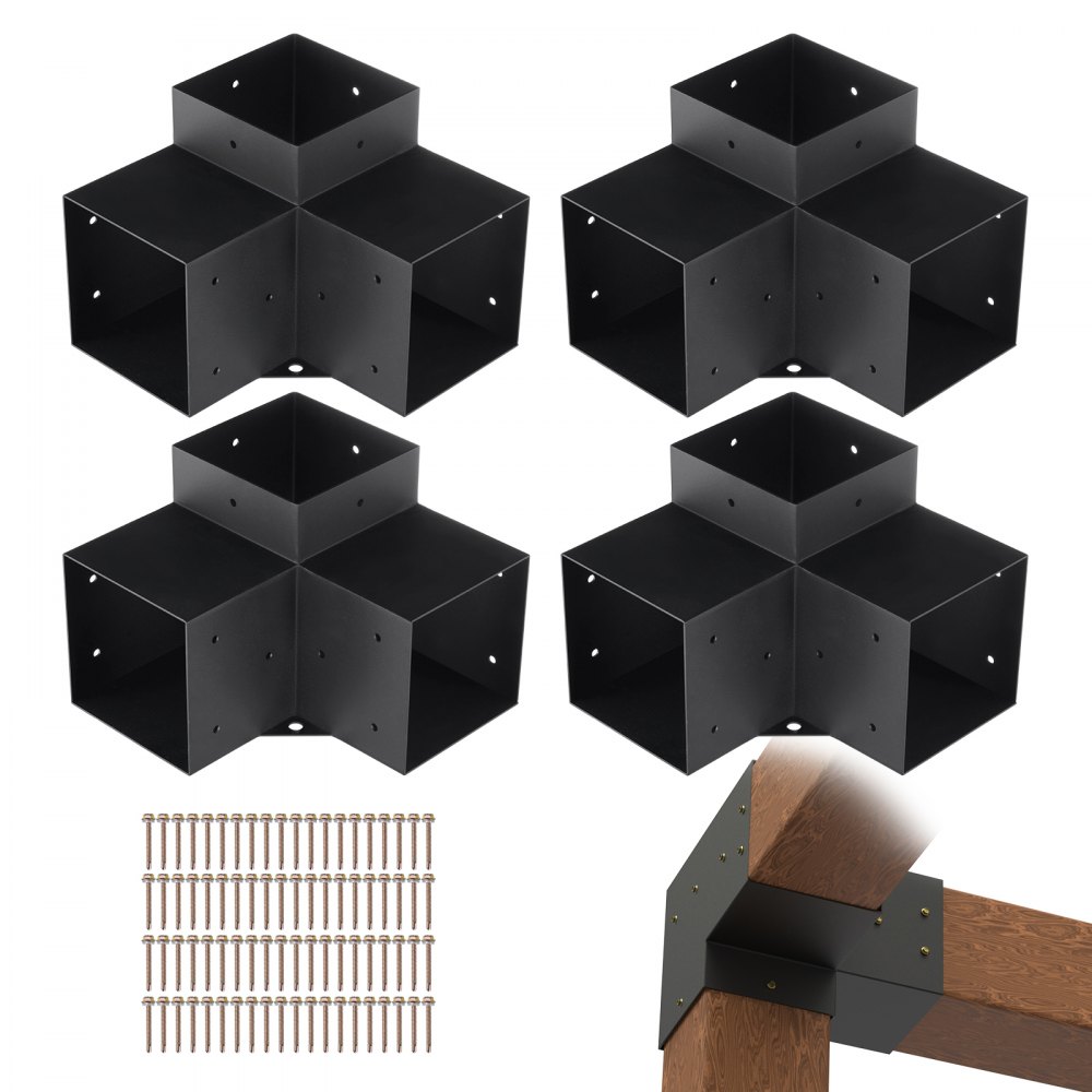 VEVOR Pergola Bracket Kit 6''x6'', 4pcs 3-Way Heavy Duty Corner Bracket Woodworks DIY Post Base Kit, Easy Installation Wooden Beams for Gazebos, Patio Pergolas, Log Cabin Outdoor Pergola Hardware - LPJJST4PCS6XOAPMSV0