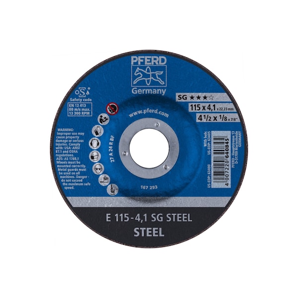Rueda de esmerilado Pferd de 4-1/2" x 1/8", 7/8" A.H. - Acero SG - Tipo 27 - 63400