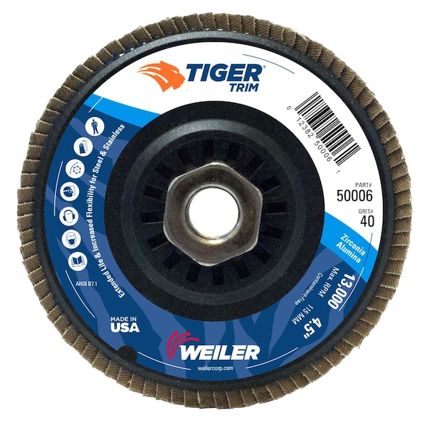 Weiler 4-1/2 "Tiger Flap Disc, Cónico (TY29), Respaldo, 40Z, 5/8"-11 UNC - 50006