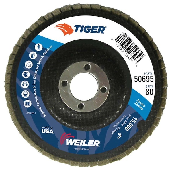 Disco abrasivo en forma de aleta Weiler 4", plano (TY27), 80Z, 5/8" - 50695