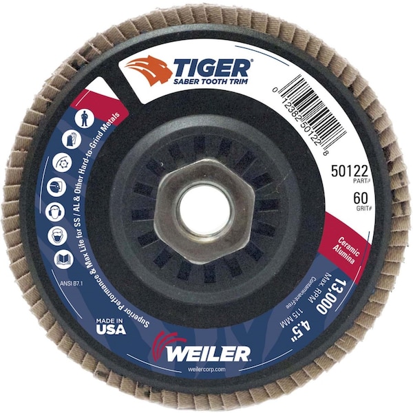 Weiler 4-1/2" Disco de Solapa Tiger, Cónico (TY29), 60C, 5/8"-11 UNC - 50122