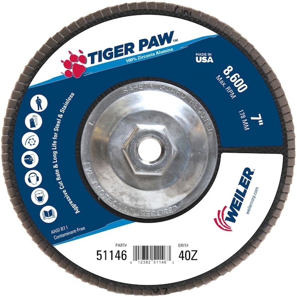 Weiler 7" Disco de aletas abrasivas Tiger Paw, Cónico (TY29), 40Z, 5/8"-11 UNC - 51146