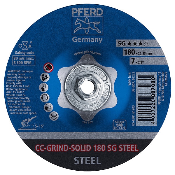 Ruedas de Centro Deprimido Pferd, Tipo 27, 7 pulgadas de diámetro, 1/8" de grosor, tamaño de orificio de árbol de 5/8"-11, Cerámica - 61223.