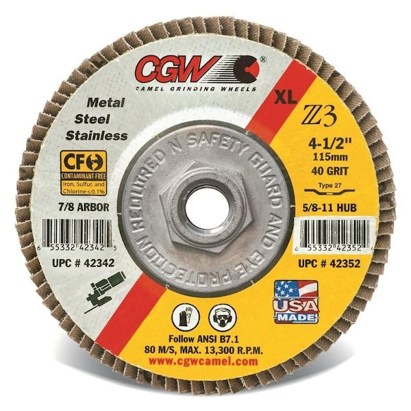 Cgw - Ruedas de lijar de cámara CGW Premium Zirconia Flap Discs, 4-1/2 pulgadas x 7/8 pulgadas, T29, 40 granos, 10/caja - 42322