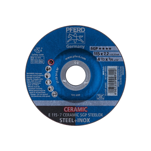Rueda de esmerilado Pferd de 4-1/2" x 1/4, 7/8" de agujero - CERAMIC SGP STEELOX - Tipo 27 - 60055