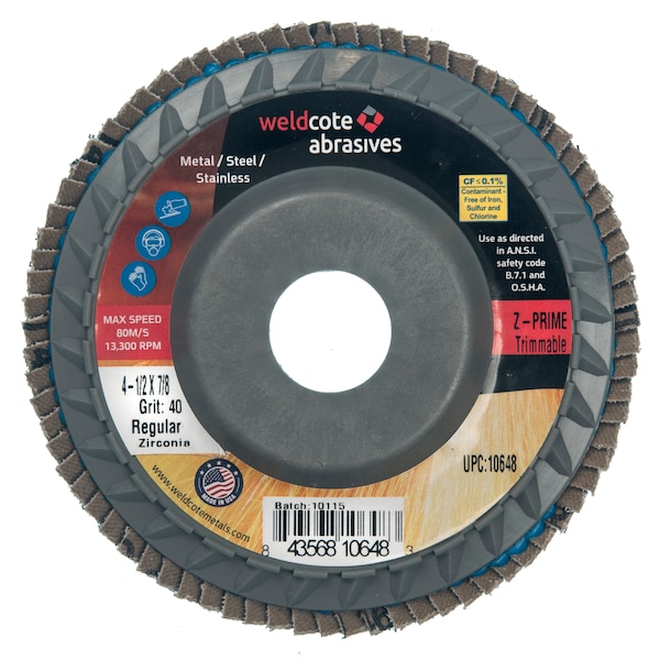 Disco de láminas Weldcote 4-1/2 X 7/8 Z-Prime 40G Zirconia Trimmable - 10648