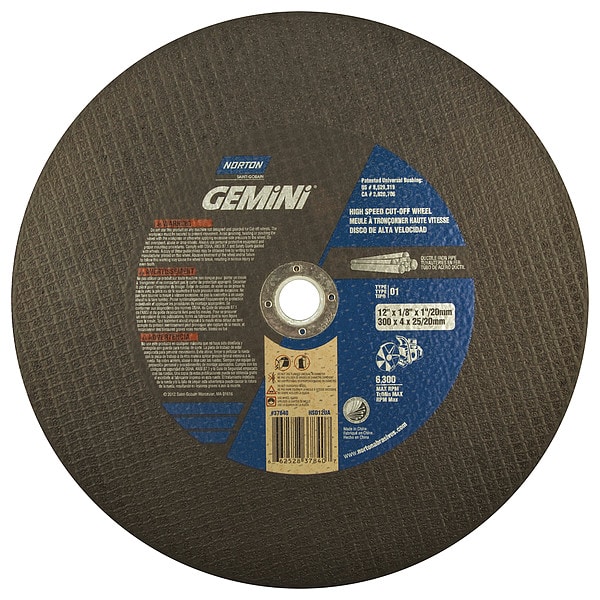 Norton Abrasivos Rueda de Corte, Gemini Dúctil, 12"x.125"x20mm - 66252837840