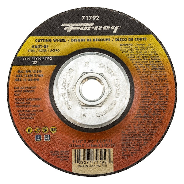 Rueda de Corte Forney, Metal, Tipo 27, 4-1/2 pulgadas x .045 pulgadas x 5/8 pulgadas-11 - 71792