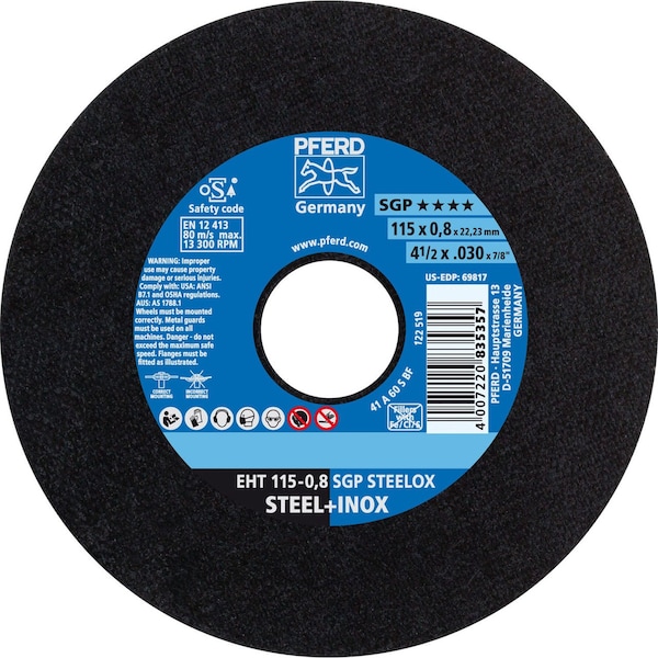 69817 Rueda de corte de 4-1/2 pulgadas x .030 pulgadas, 7/8 pulgadas AH X-SLIM A 60 S SGP-INOX - 69817-PFERD