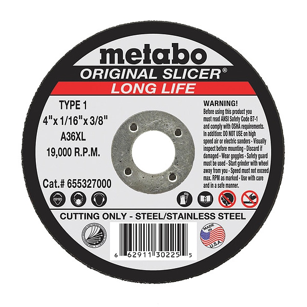Rueda de corte Metabo, T1, A36XL, 4"X1/16"X3/8" - 655327000