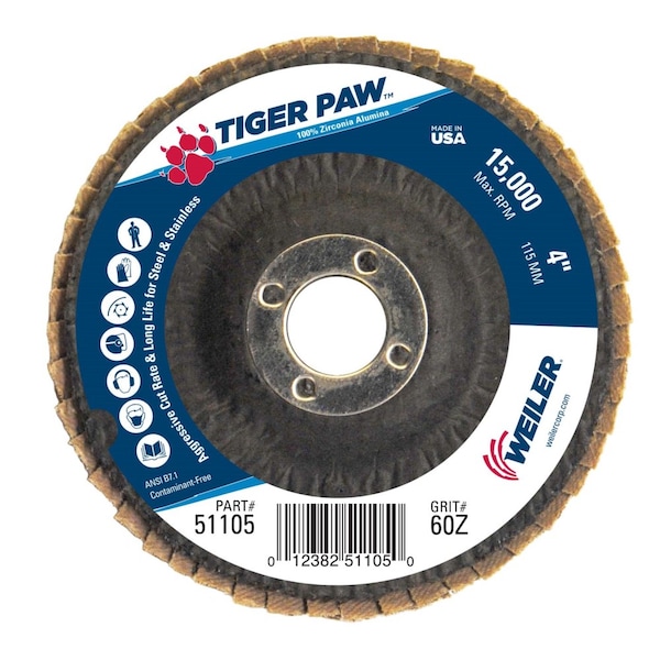 Weiler 4" Disco de aletas abrasivas Tiger Paw, Cónico (TY29), 60Z, 5/8" - 51105