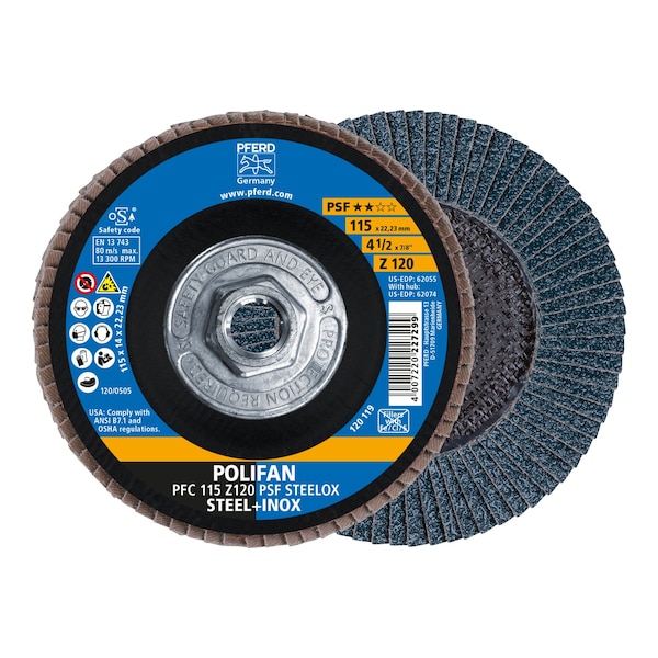 Disco de láminas POLIFAN® Pferd 4-1/2" x 5/8-11 Thd. - Z PSF STEELOX, Zirconia, 120 Grit, Cónico - 62074