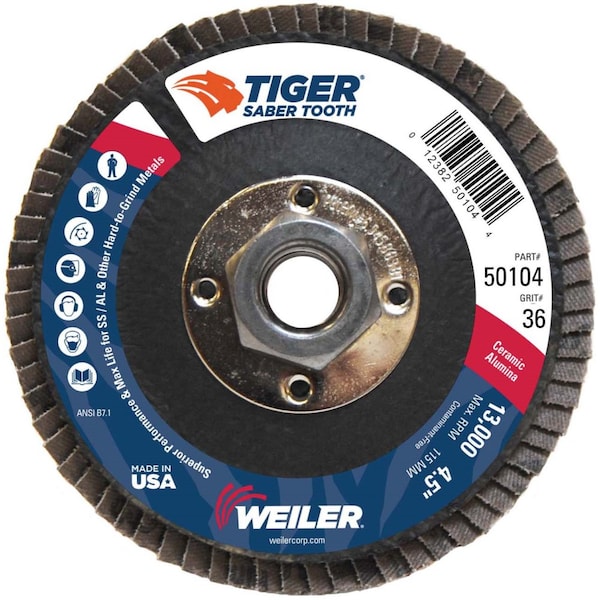 Weiler 4-1/2" Disco de Solapa Tiger, Cónico (TY29), Respaldo Fenólico, 36C, 5/8"-11 UNC - 50104