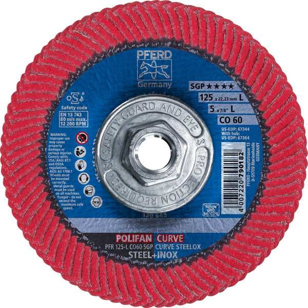 Disco de láminas POLIFAN® Pferd 5" x 5/8-11 Thd. - CO SGP CURVE STEELOX, Óxido de cerámica, 60 Granos, Gran Radio - 67364