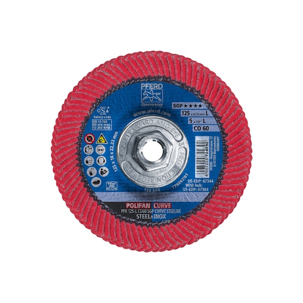 Disco de láminas POLIFAN® Pferd 5" x 5/8-11 Thd. - CO SGP CURVE STEELOX, Óxido de cerámica, 60 Granos, Gran Radio - 67364