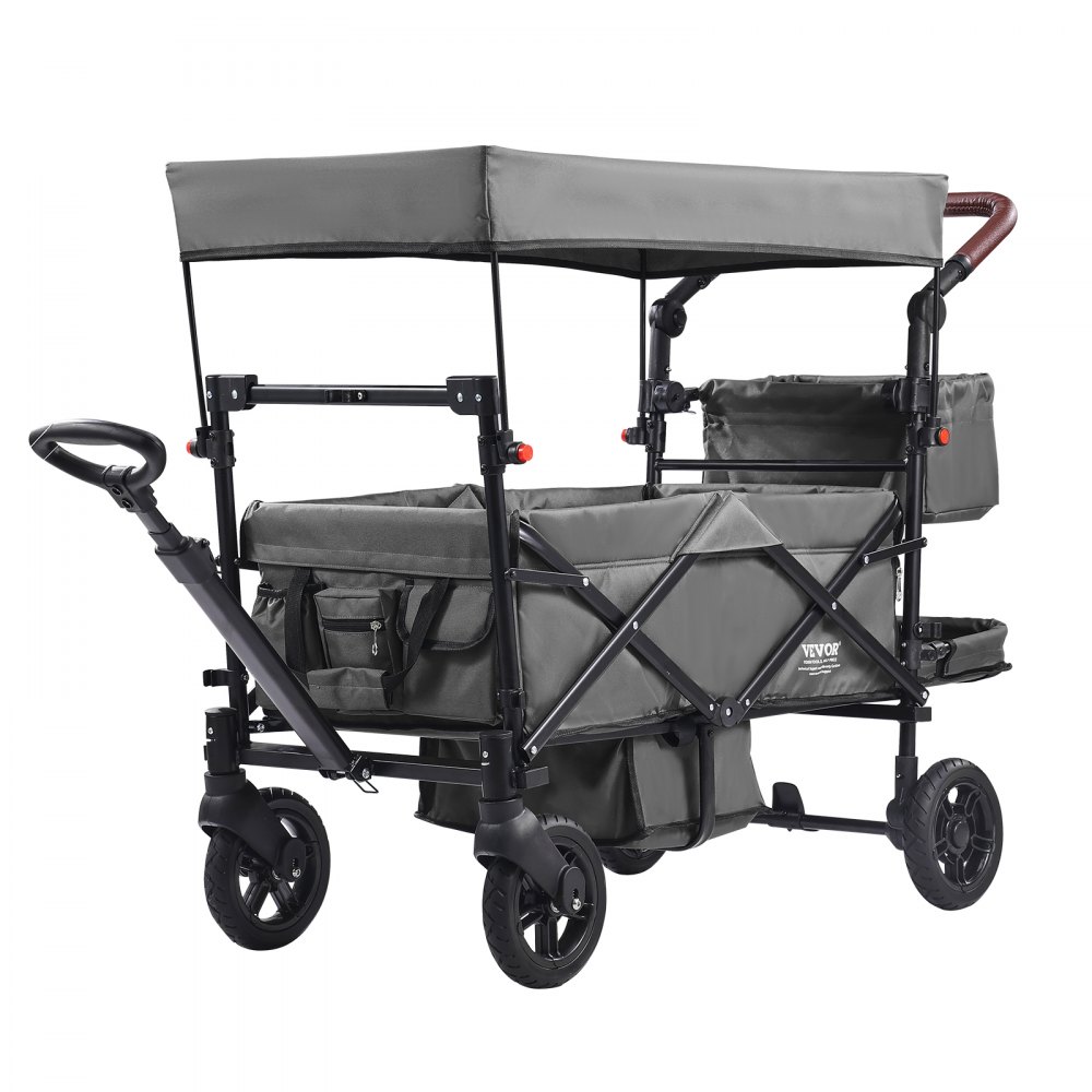 VEVOR Wagon Stroller for 2 Kids, Push Pull Quad Collapsible Stroller with Adjustable Handle, Encircling Harness Removable Canopy, 4 Wheels w/ Brakes, Mutifunction Tandem Stroller for Camping Dark Grey - SRYETCPT2RKSZIIZAV0