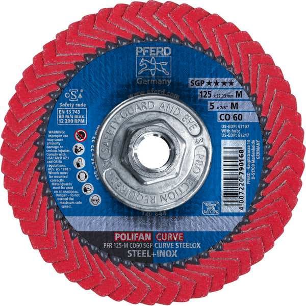 Pferd 5" x 5/8-11 Thd. Disco de láminas POLIFAN® - CO SGP CURVE STEELOX, Óxido de cerámica, 60 Granos, Radio Medio - 67217