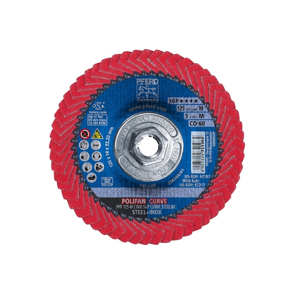 Pferd 5" x 5/8-11 Thd. Disco de láminas POLIFAN® - CO SGP CURVE STEELOX, Óxido de cerámica, 60 Granos, Radio Medio - 67217