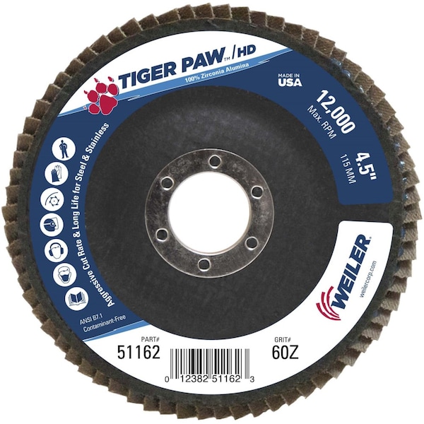 Disco de láminas de alta densidad súper Tigre Paw de 4-1/2" de Weiler, plano (TY27), 60Z, 7/8" - 51162.