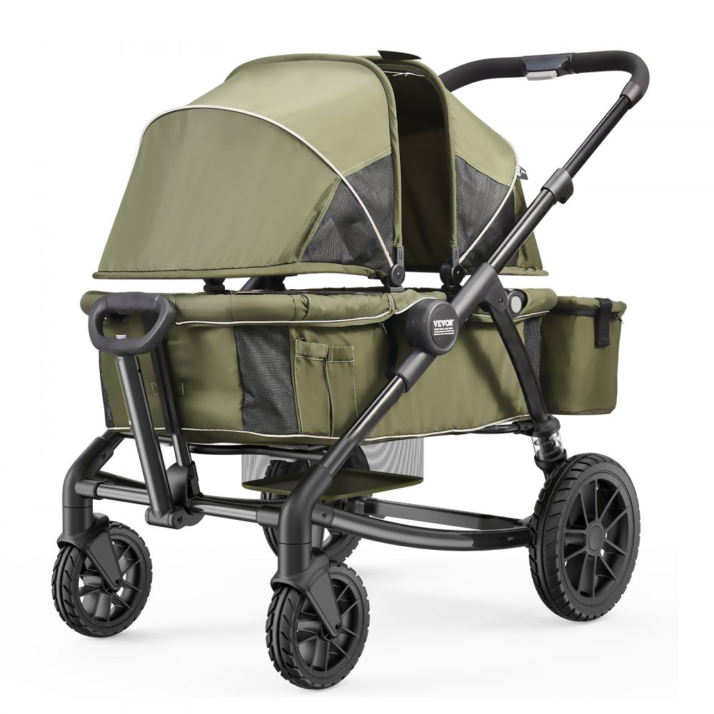 VEVOR All-Terrain Stroller Wagon, 2 Seats Foldable Expedition 2-in-1 Collapsible Wagon Stroller, Includes Canopy, Parent Organizer, Snack Tray & Cup Holders, 55lbs for Single Seat, Olive Green - SRYETCLSMBPTA9AKCV0
