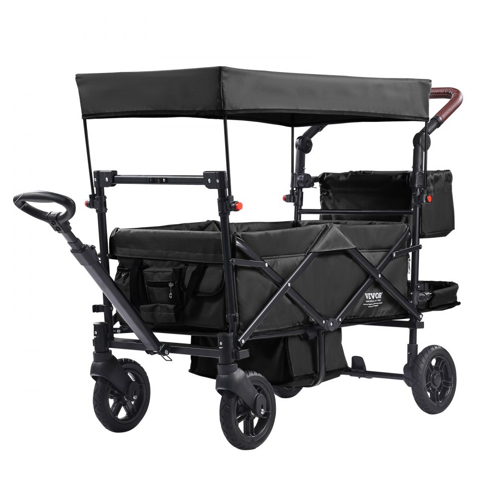 VEVOR Wagon Stroller for 2 Kids, Push Pull Quad Collapsible Stroller with Adjustable Handle, Encircling Harness Removable Canopy, 4 Wheels with Brakes, Mutifunction Tandem Stroller for Camping Black - SRYETCPT2RKHKGVUHV0