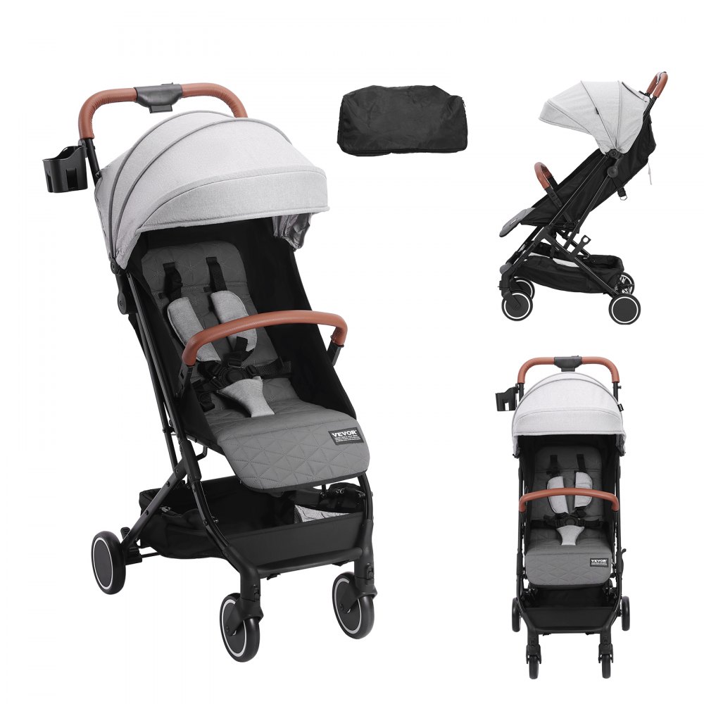 VEVOR Standard Baby Infant Stroller, Toddler Stroller with 95°-150° Adjustable Backrest & & 0/90°Adjustable Footrest & One-click Folding, Newborn Stroller with Cup Holder and Carry Bag, Light Grey - BZYETCZYJCKQ8ZY5AV0