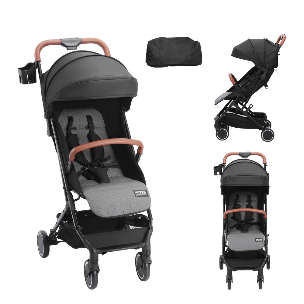VEVOR Standard Baby Infant Stroller, Toddler Stroller with 95°-150° Adjustable Backrest & & 0/90°Adjustable Footrest & One-click Folding, Newborn Stroller with Cup Holder and Carry Bag, Black - BZYETCZYJCKH5DWWBV0