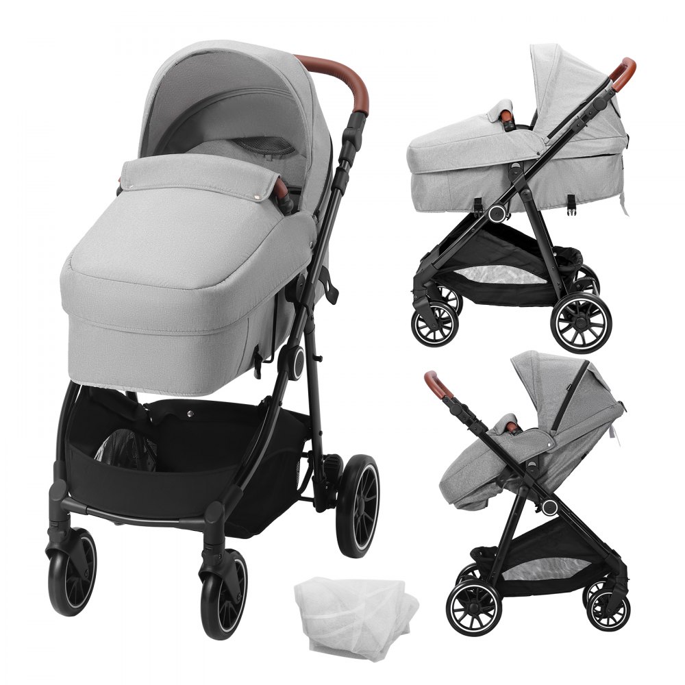 VEVOR Standard Baby Stroller, Infant Toddler Stroller with Bassinet, 3rd-Gear Adjustable Backrest & Foldable & Reversible Seat, Carbon Steel Newborn Stroller with Leg Cover and Mesh Net, Light Grey - BZYETCZYZYLQIZLQQV0