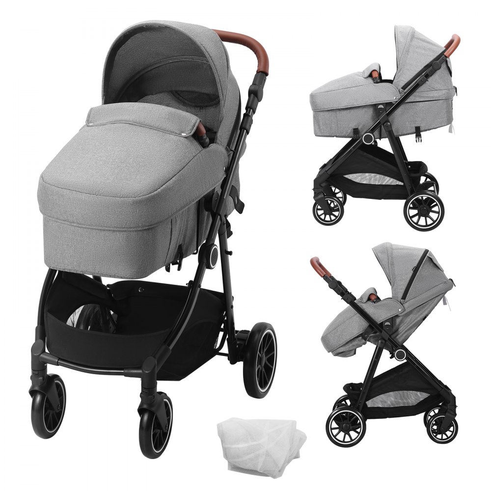 VEVOR Standard Baby Stroller, Infant Toddler Stroller with Bassinet, 3rd-Gear Adjustable Backrest & Foldable & Reversible Seat, Carbon Steel Newborn Stroller with Leg Cover and Mesh Net, Dark Grey - BZYETCZYZYLSX722EV0