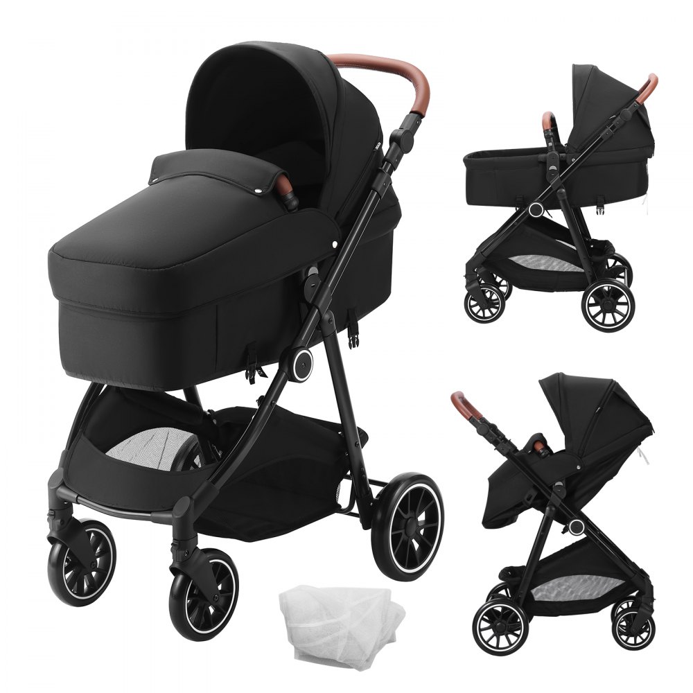 VEVOR Standard Baby Stroller, Infant Toddler Stroller with Bassinet, 3rd-Gear Adjustable Backrest & Foldable & Reversible Seat, Carbon Steel Newborn Stroller with Leg Cover and Mesh Net, Black - BZYETCZYZYLHKUX86V0
