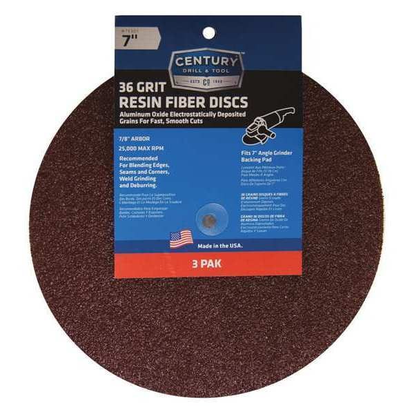 Disco de fibra de resina Century Drill & Tool, 7 pulgadas, 36 Granos, Paquete de 3 - 75301