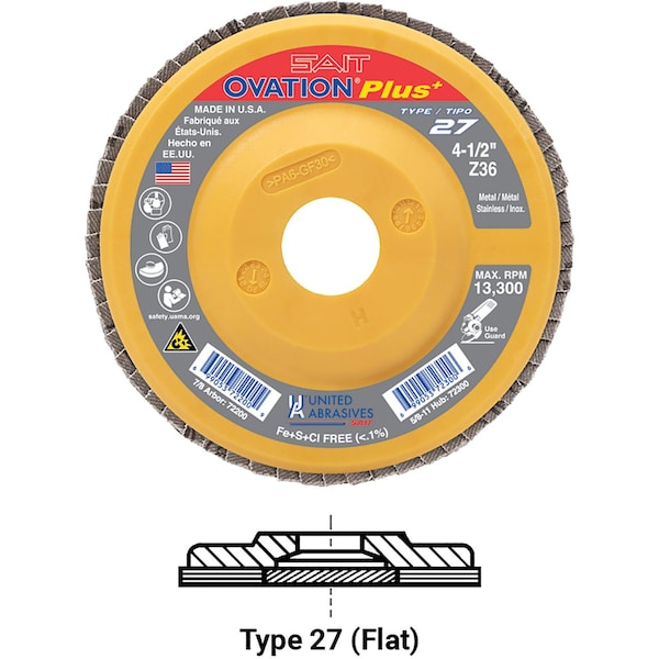 United Abrasives - Sait Ovation Disco de Aletas T27 5"x 7/8" Grano 60 de Circonio - 72202