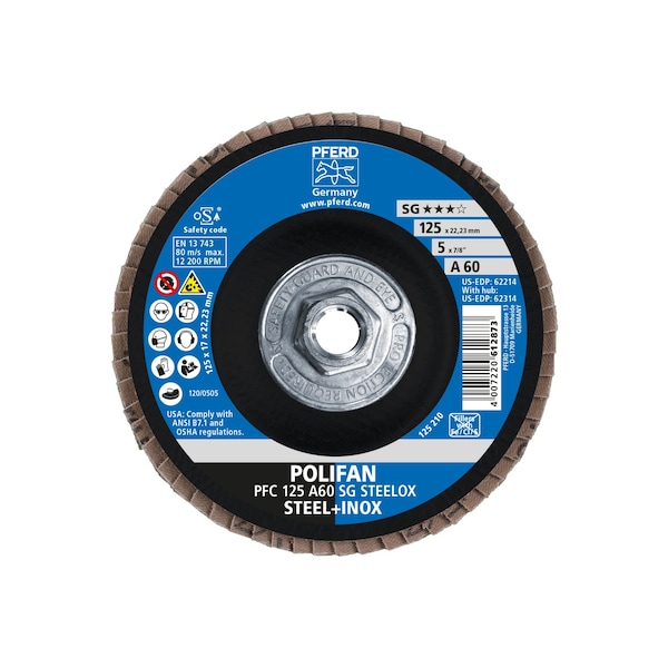 Disco de láminas POLIFAN® de 5" x 5/8-11 Thd. A SG STEELOX, Óxido de aluminio, Grano 60, Cónico - 62314