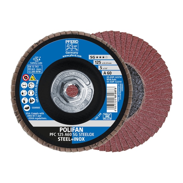 Disco de láminas POLIFAN® de 5" x 5/8-11 Thd. A SG STEELOX, Óxido de aluminio, Grano 60, Cónico - 62314