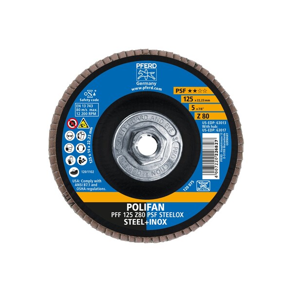 Disco de láminas POLIFAN® Pferd de 5" x 5/8-11 Thd. - Z PSF STEELOX, Zirconia, 80 Granos, Plano - 63017