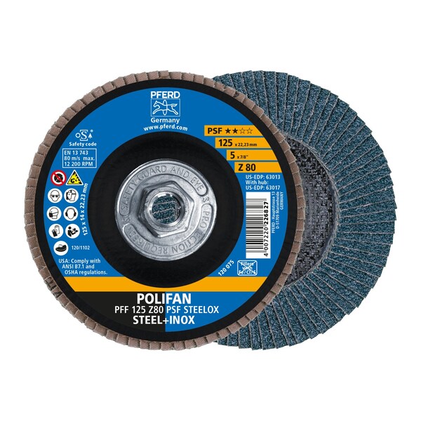 Disco de láminas POLIFAN® Pferd de 5" x 5/8-11 Thd. - Z PSF STEELOX, Zirconia, 80 Granos, Plano - 63017