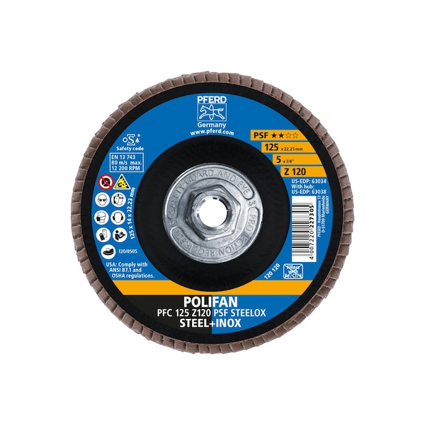 Pferd 5" x 5/8-11 Thd. POLIFAN® Disco de láminas - Z PSF STEELOX, Zirconia, 120 grano, Cónico - 63038