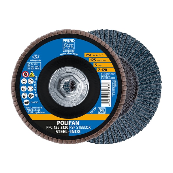 Pferd 5" x 5/8-11 Thd. POLIFAN® Disco de láminas - Z PSF STEELOX, Zirconia, 120 grano, Cónico - 63038