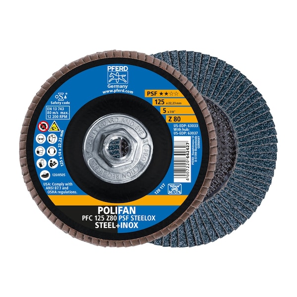Pferd 5" x 5/8-11 Thd. Disco de láminas POLIFAN® - Z PSF STEELOX, Zirconia, 80 Grit, Cónico - 63037