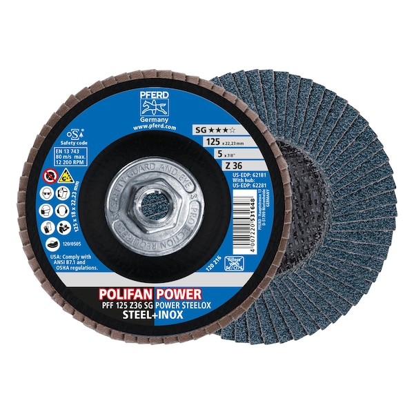 Pferd 5" x 5/8-11 Thd. DISCO DE ALETAS POLIFAN® - Z SG POWER STEELOX, Zirconia, 36 granos, plano - 62281