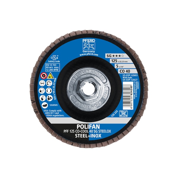 Pferd 5" x 5/8-11 Thd. Disco de láminas POLIFAN® - CO-COOL SG STEELOX, Óxido de cerámica, 40 Granos, Plano - 62627