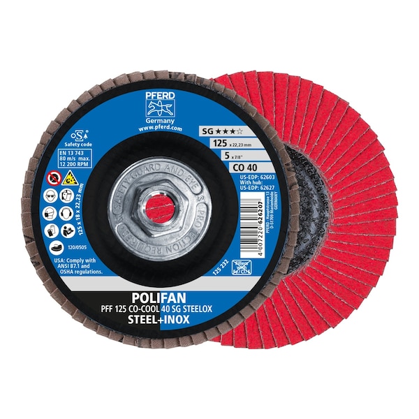 Pferd 5" x 5/8-11 Thd. Disco de láminas POLIFAN® - CO-COOL SG STEELOX, Óxido de cerámica, 40 Granos, Plano - 62627