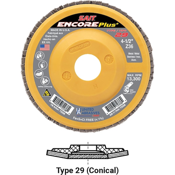 United Abrasives/Sait United Abrasives - Sait Disco de Solapa Encore Tipo 29 de 5 " x 7/8" 36 Granos de Zirconio - 72244